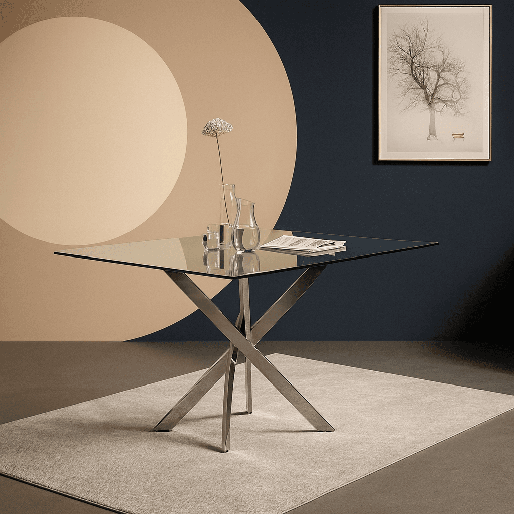Tavolo "Terra" con gambe incrociate in metallo cromato e piano in vetro temperato, design moderno per arredo interno in Tavoli da sala da pranzo Decor Space - Altamura, commercioVirtuoso.it