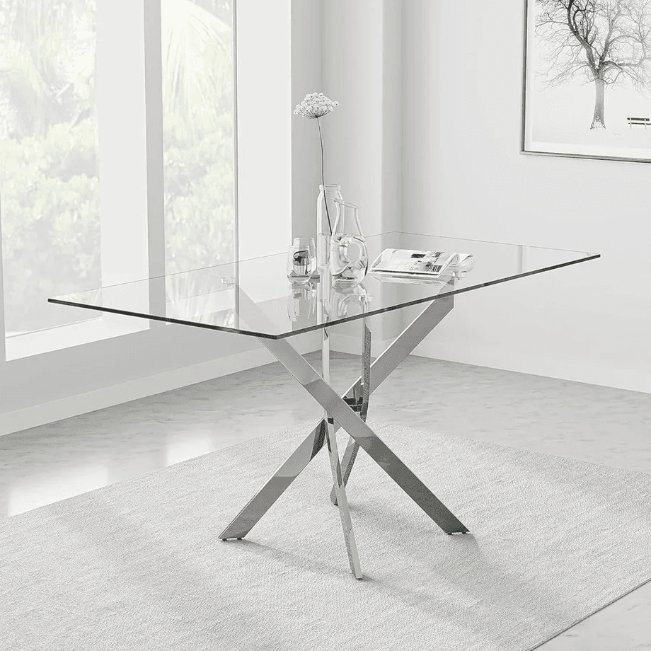 Tavolo "Terra" con gambe incrociate in metallo cromato e piano in vetro temperato, design moderno per arredo interno in Tavoli da sala da pranzo Decor Space - Altamura, commercioVirtuoso.it