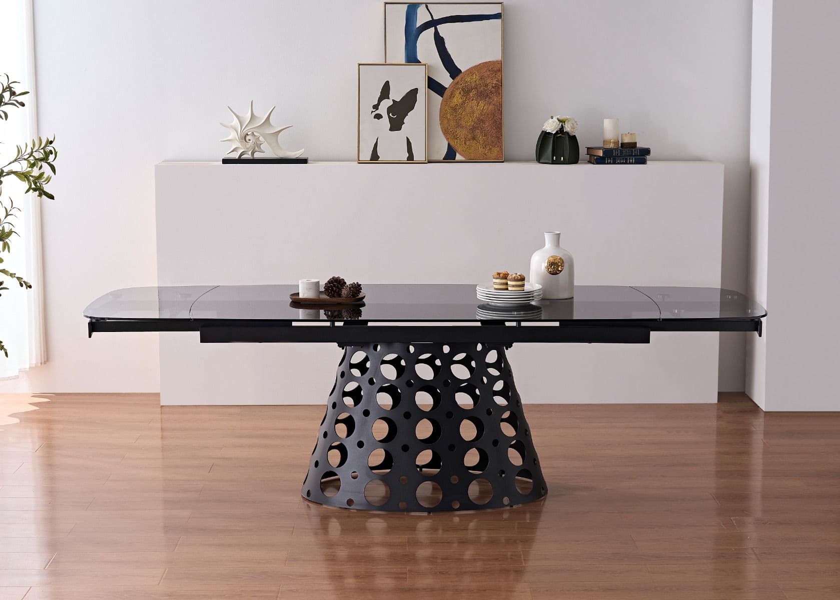 Tavolo "Proxima" con gambe in ferro e piano in vetro, design moderno 180/260 x 90 x h 75 cm in Tavoli da sala da pranzo Decor Space - Altamura, commercioVirtuoso.it