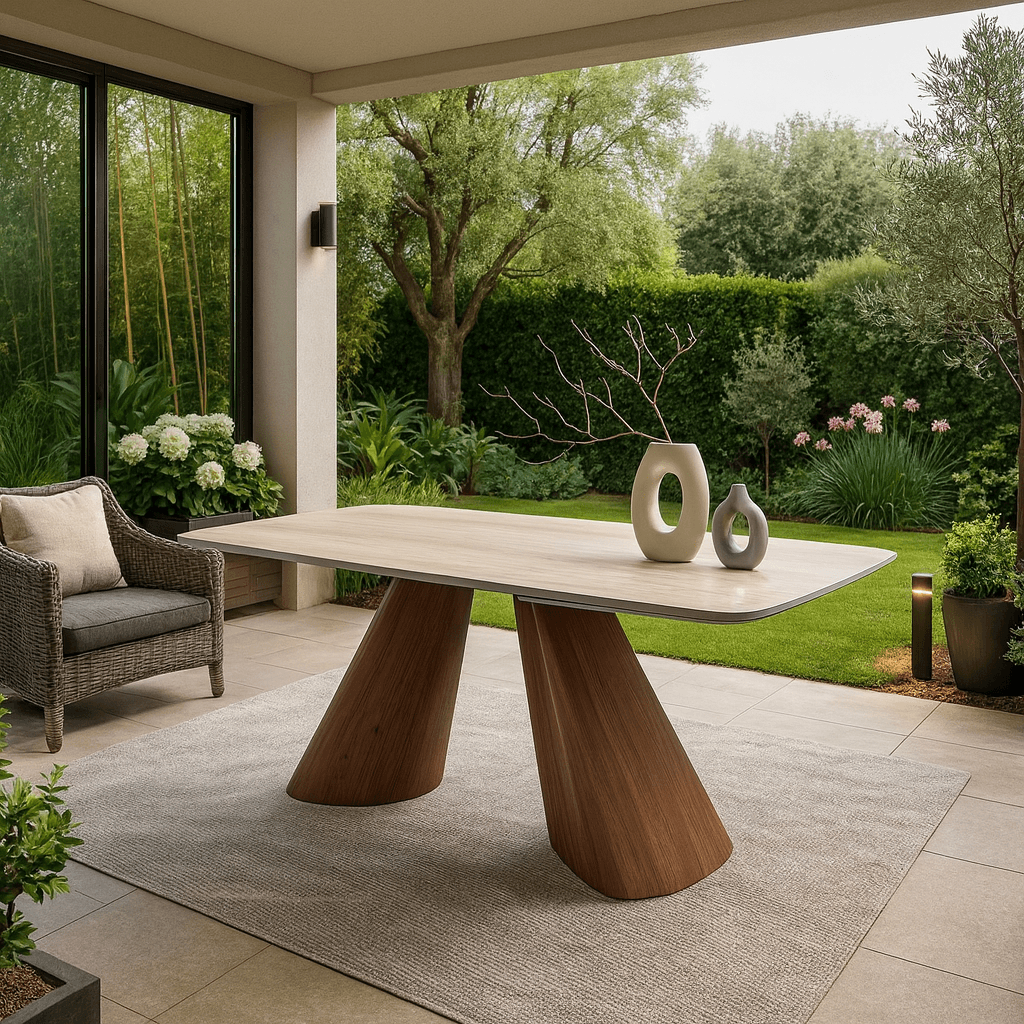 Tavolo "Aldebaran" con piano in ceramica finitura travertino, design moderno, 180/260 x 90 x h 75 cm in Tavoli da sala da pranzo Decor Space - Altamura, commercioVirtuoso.it