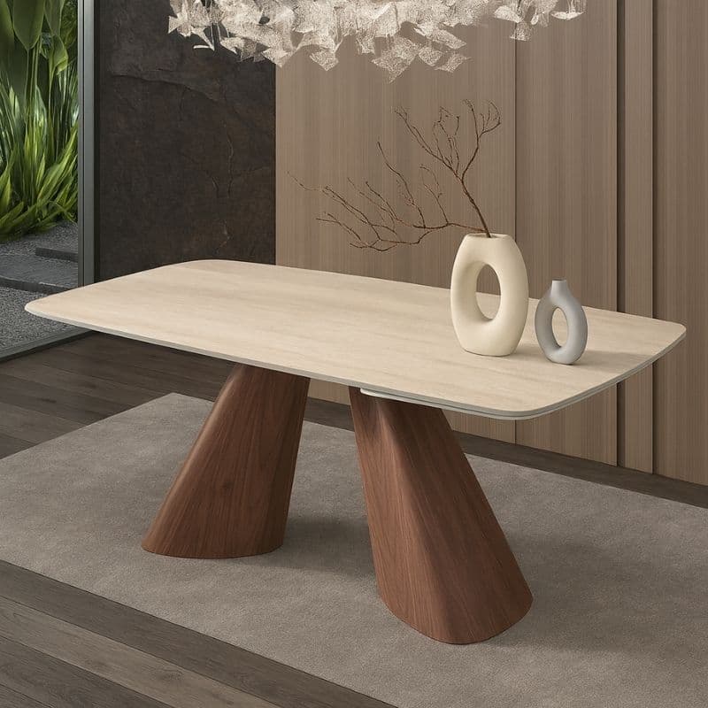 Tavolo "Aldebaran" con piano in ceramica finitura travertino, design moderno, 180/260 x 90 x h 75 cm in Tavoli da sala da pranzo Decor Space - Altamura, commercioVirtuoso.it
