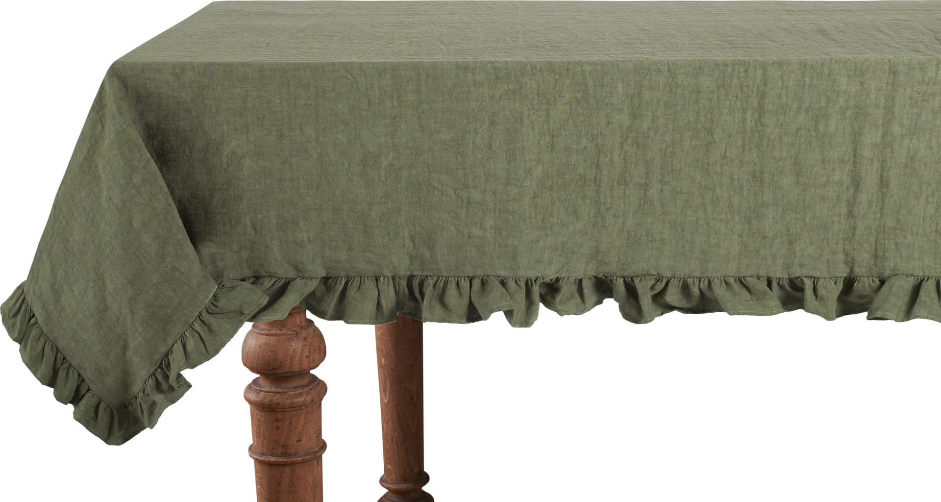 Tovaglia da tavola in 100% puro lino lavato delavè stone washed morbido resistente elegante made in italy  Oliva con Frou Frou