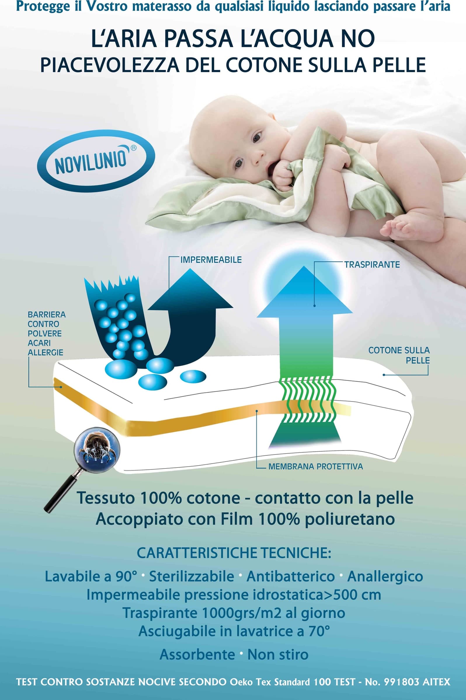 Coprimaterasso con angoli, Cotone a contatto con la pelle impermeabile traspirante antibatterico anallergico Made in Italy - 3