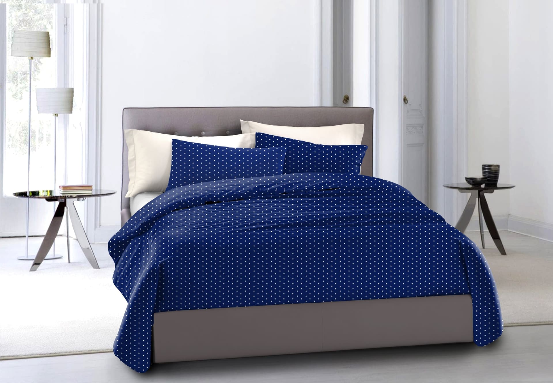 Set copripiumino federe bifaccia doubleface parure copripiumino stampa digitale 100% cotone Made in Italy POIS BIANCHI SU BLU in Set copripiumini e federe Vanita di raso - Sesto San Giovanni, commercioVirtuoso.it