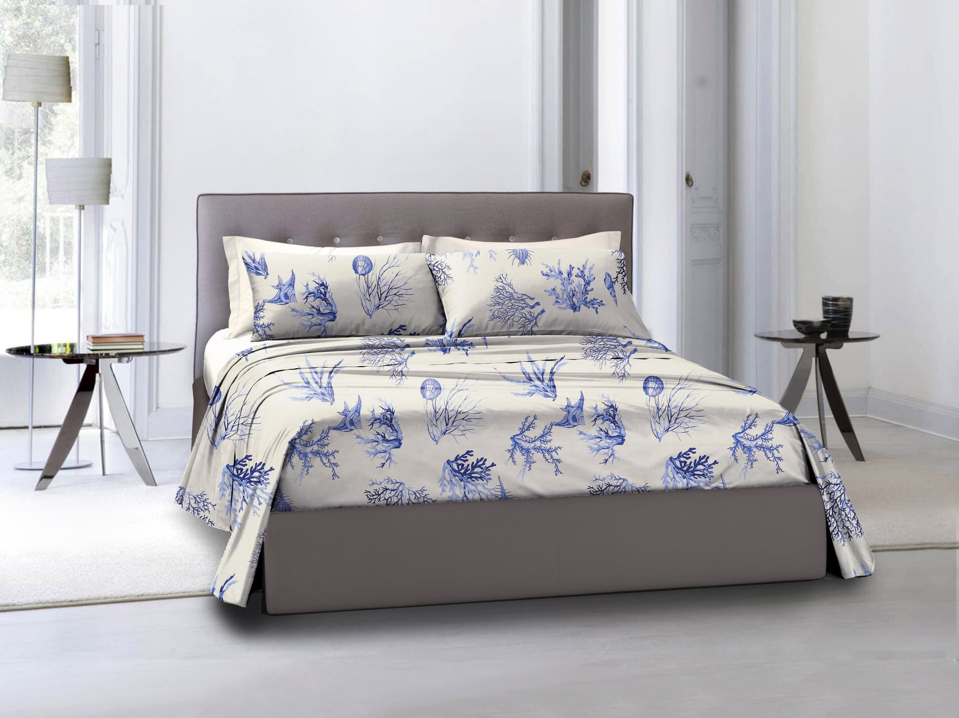 Set 2 federe coppia di federe stampa digitale 100% cotone, Made in Italy CORALLO BLU - 2