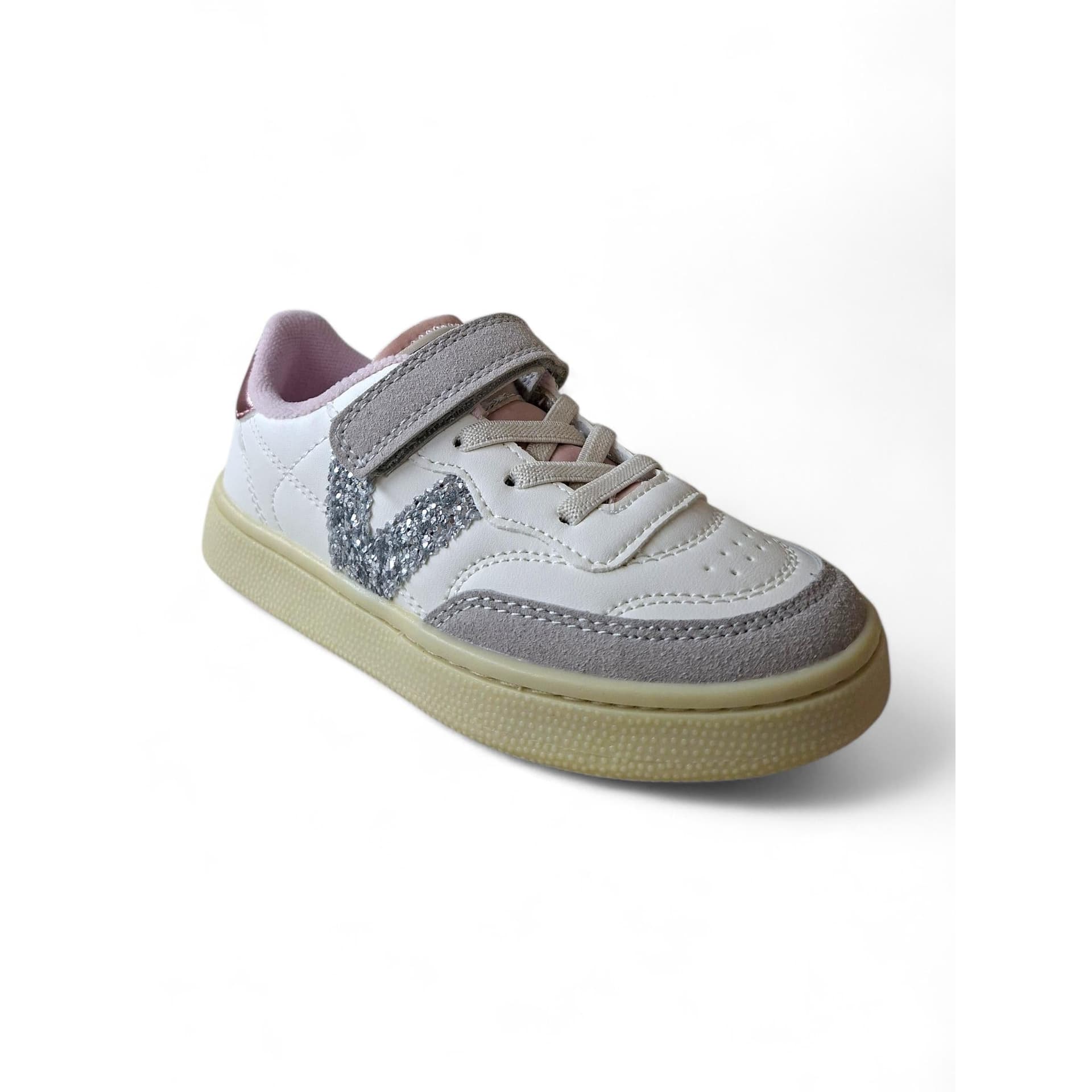 Victoria Oslo Sneakers Bambina Bianco Pelle – Suede Grigio e Glitter Argento Rosa con Velcro | Taglie 28-38 - 2