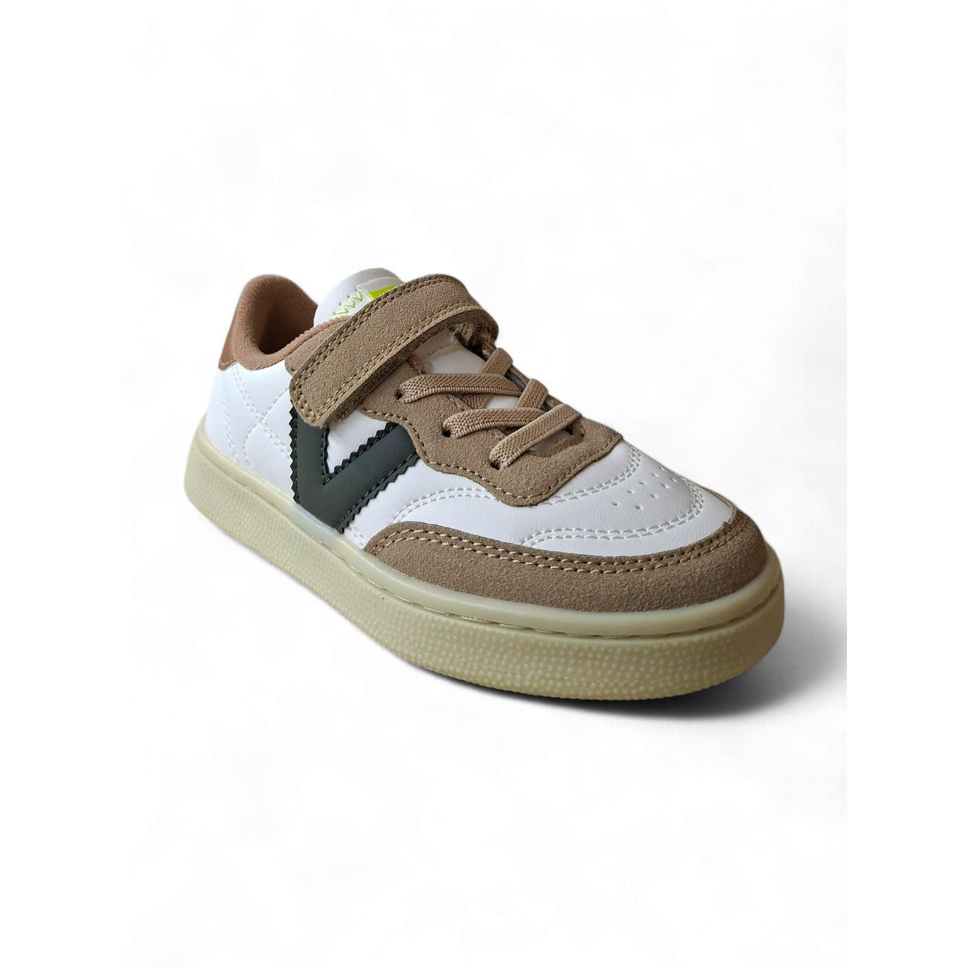 Victoria Oslo Sneakers Bambino Bianco Pelle – Inserti Suede Beige Verdone con Velcro | Taglie 28-38 - 2