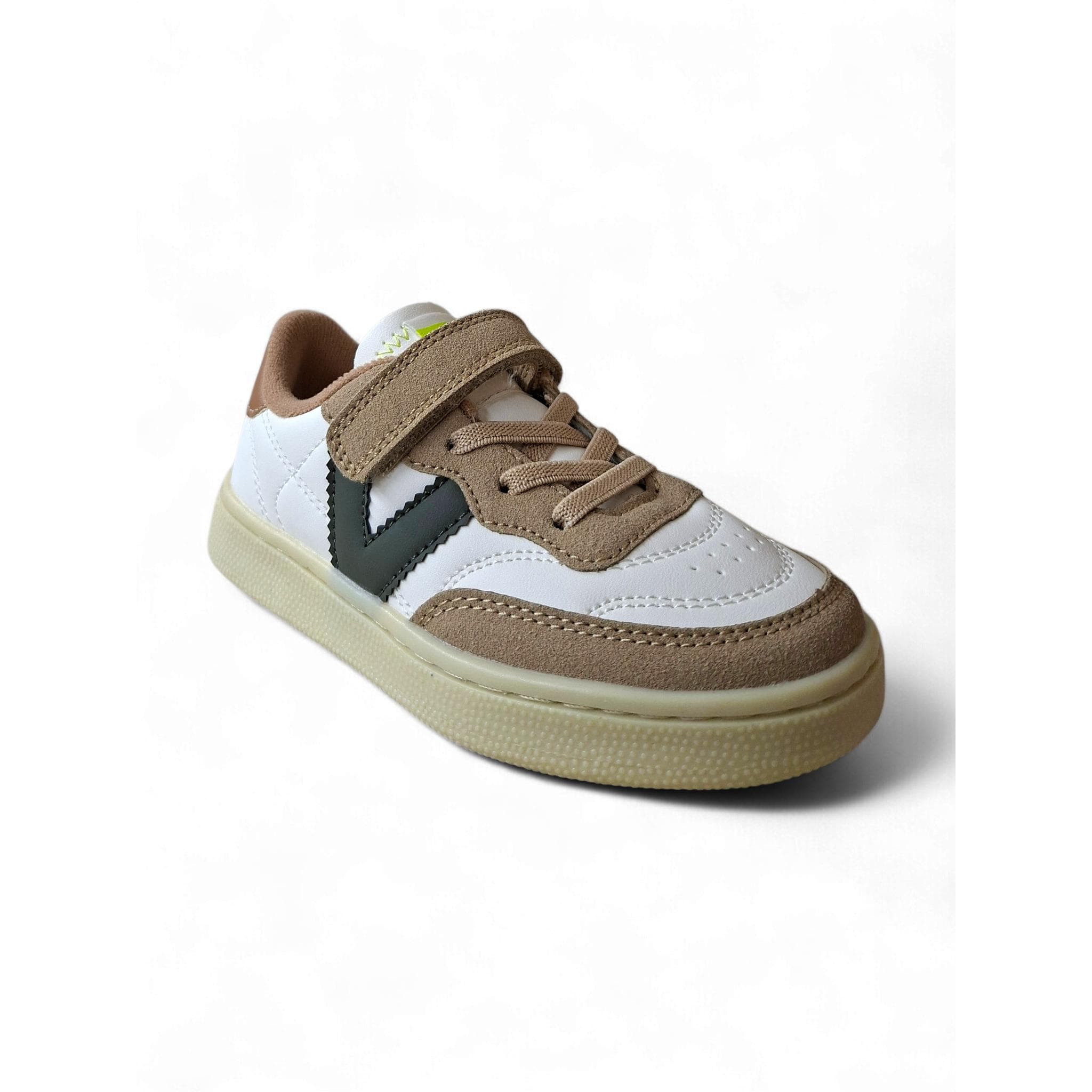 Victoria Oslo Sneakers Bambino Bianco Pelle – Inserti Suede Beige Verdone con Velcro | Taglie 28-38 - 2