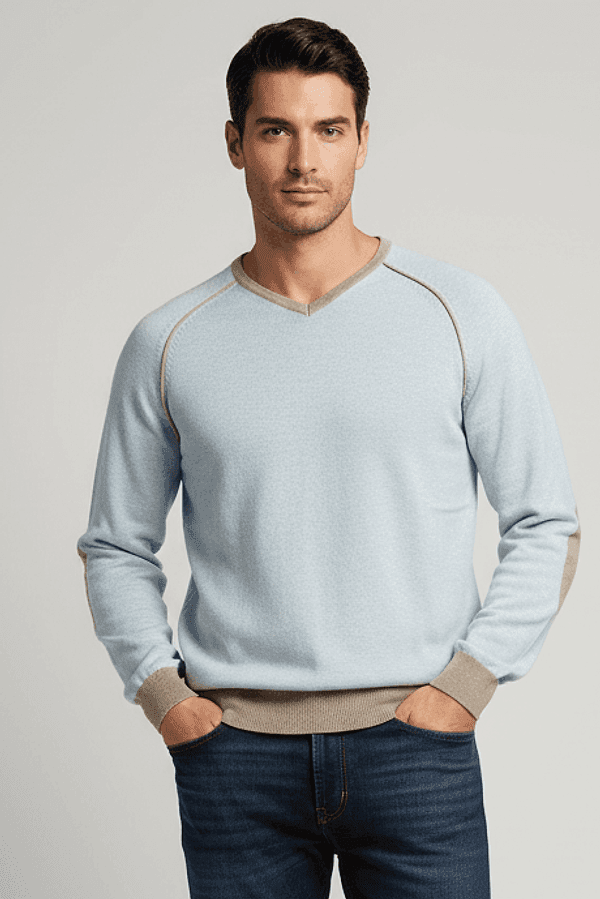 Maglia uomo Laboratori Italiani - Scollo a V base polsini e collo in contrasto Colore Celeste Made in Italy