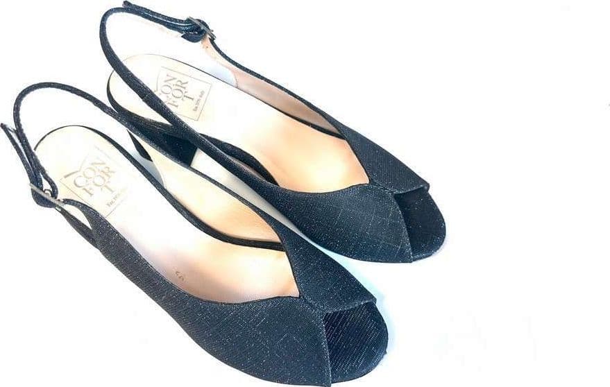 comfort Sandalo donna accollato in lurex nero tacco 50 in Sandali moda Calzature Durello - Agna, commercioVirtuoso.it