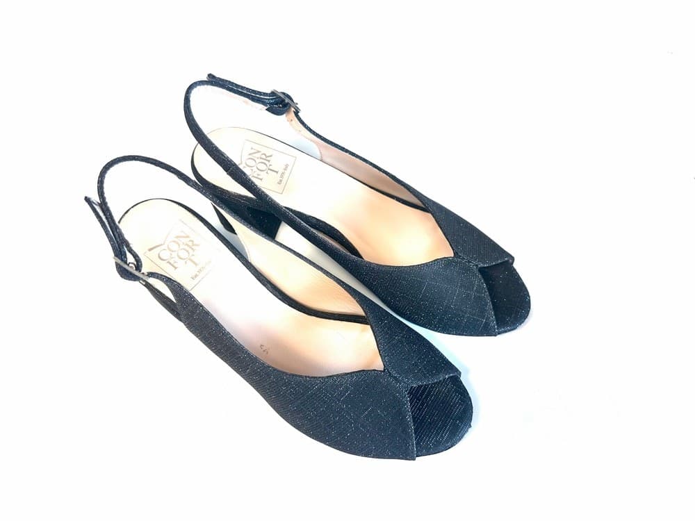 comfort Sandalo donna accollato in lurex nero tacco 50 in Sandali moda Calzature Durello - Agna, commercioVirtuoso.it