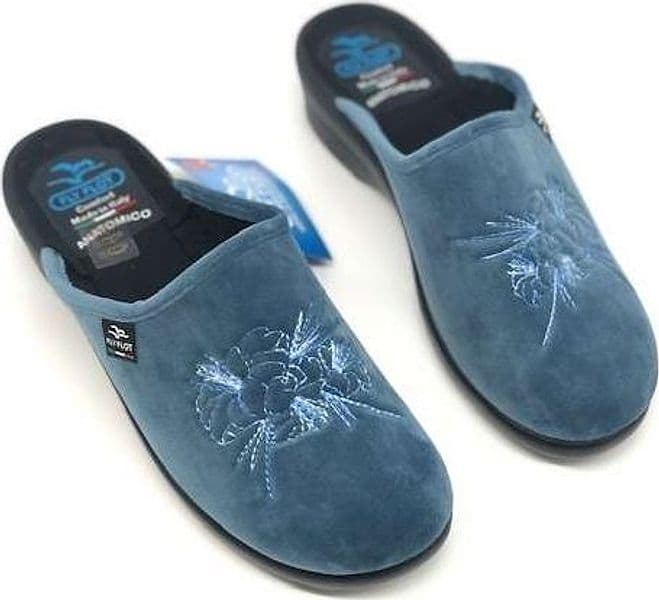 Fly Flot ciabatte donna ciniglia avio con ricamo floreale - 4