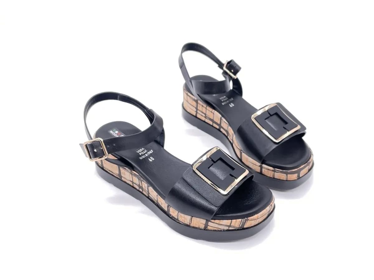 REPO Sandali donna In pelle nera con zeppa in sughero in Sandali moda Calzature Durello - Agna, commercioVirtuoso.it
