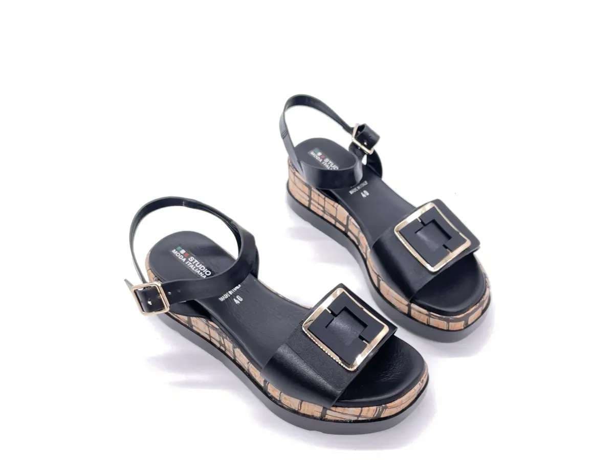 REPO Sandali donna In pelle nera con zeppa in sughero - 6