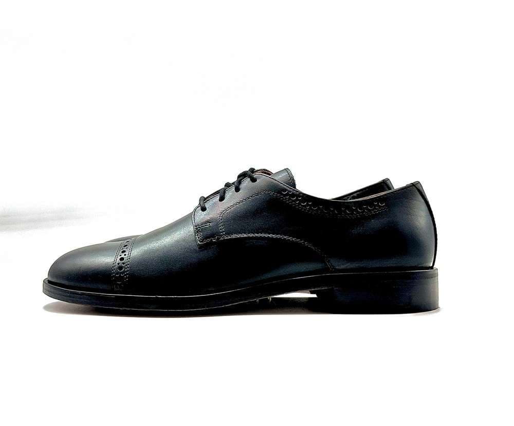 FONTANA scarpa classica uomo derby lavorato in pelle nera con fondo in cuoio in Scarpe stringate basse Calzature Durello - Agna, commercioVirtuoso.it