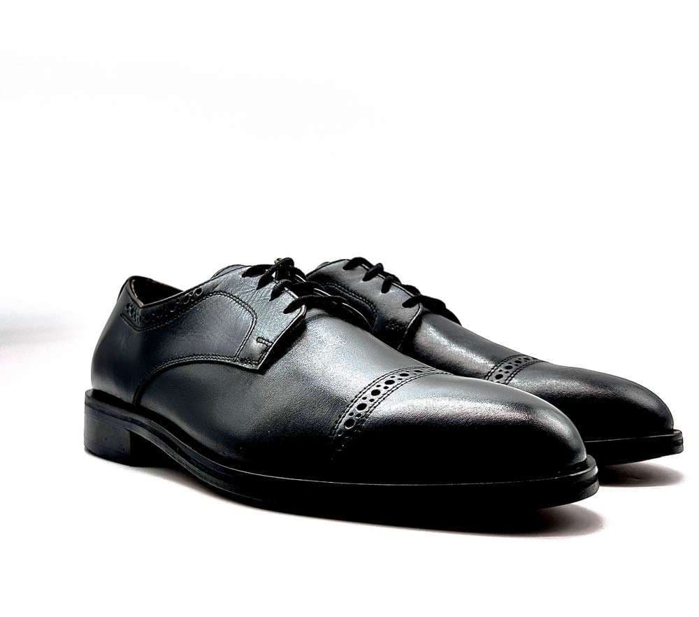 FONTANA scarpa classica uomo derby lavorato in pelle nera con fondo in cuoio in Scarpe stringate basse Calzature Durello - Agna, commercioVirtuoso.it