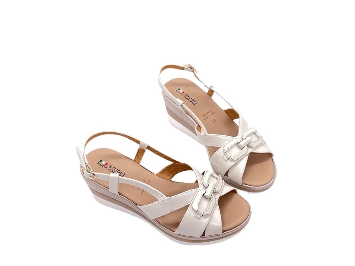 MODA ITALIA Sandali donna pelle avorio con zeppa in Sandali moda Calzature Durello - Agna, commercioVirtuoso.it