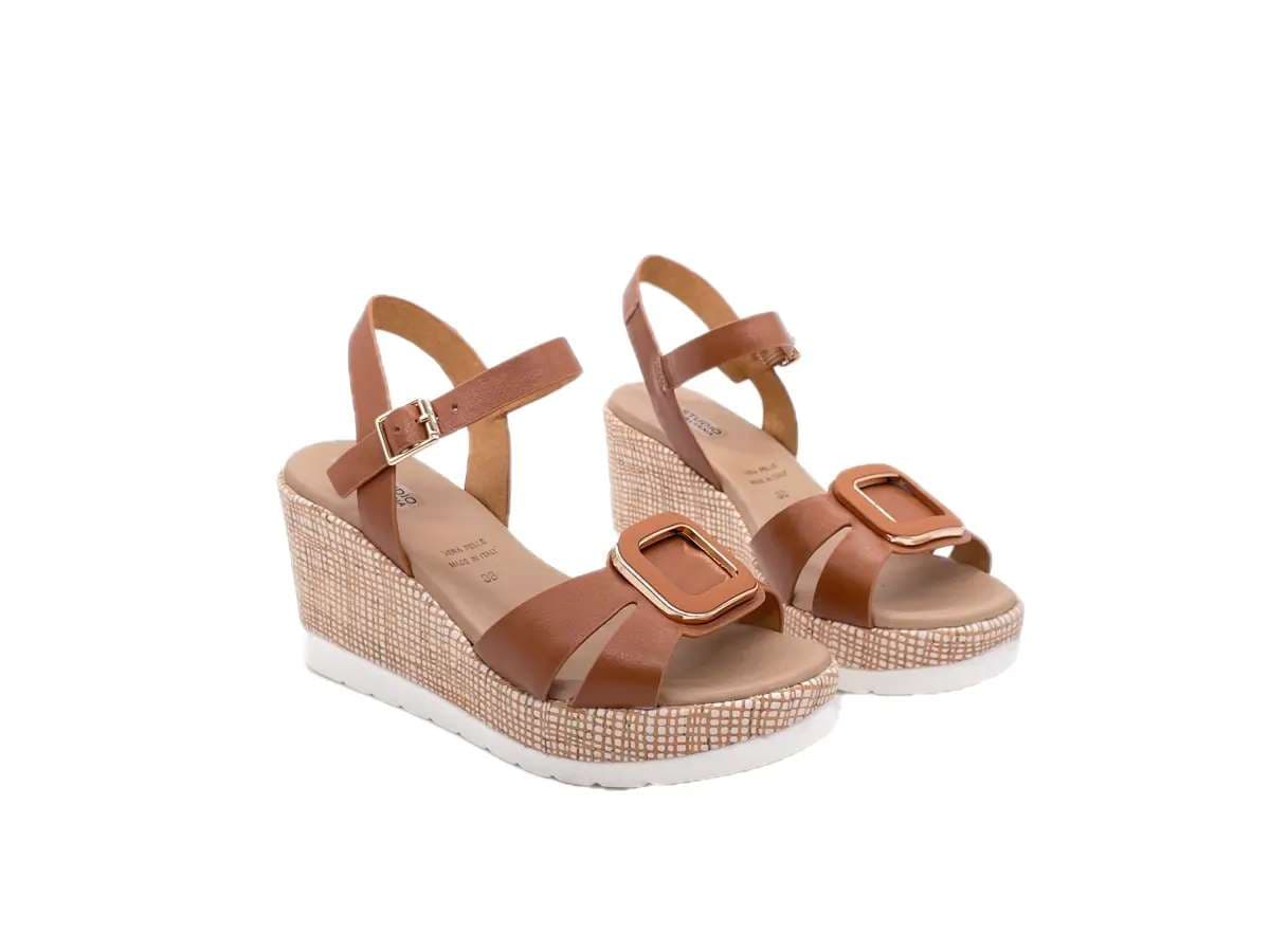 STUDIO MODA Sandali donna in pelle colore cuoio con zeppa - 6