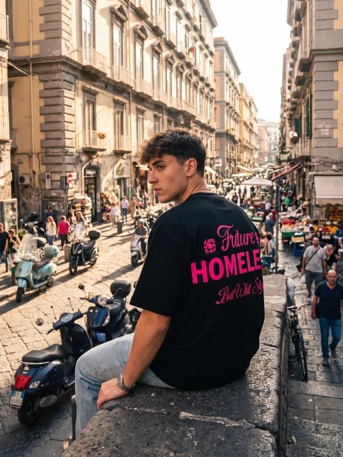 T-Shirt Nera 100% Cotone - Homeless - Made in Italy - 4