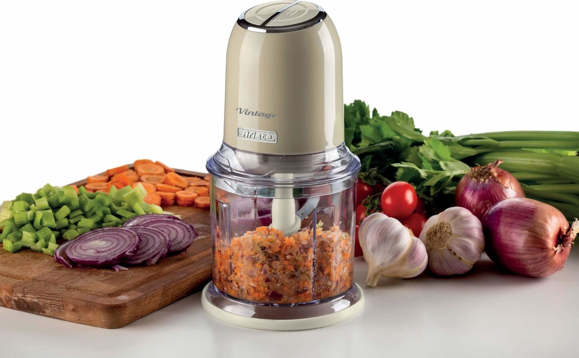 Ariete 438, Tritatutto Vintage, Chopper e Tritaghiaccio, 2 velocità, 4 lame in Acciaio Inox, Tazza graduata 600 ml, 400 W, Beige - 6