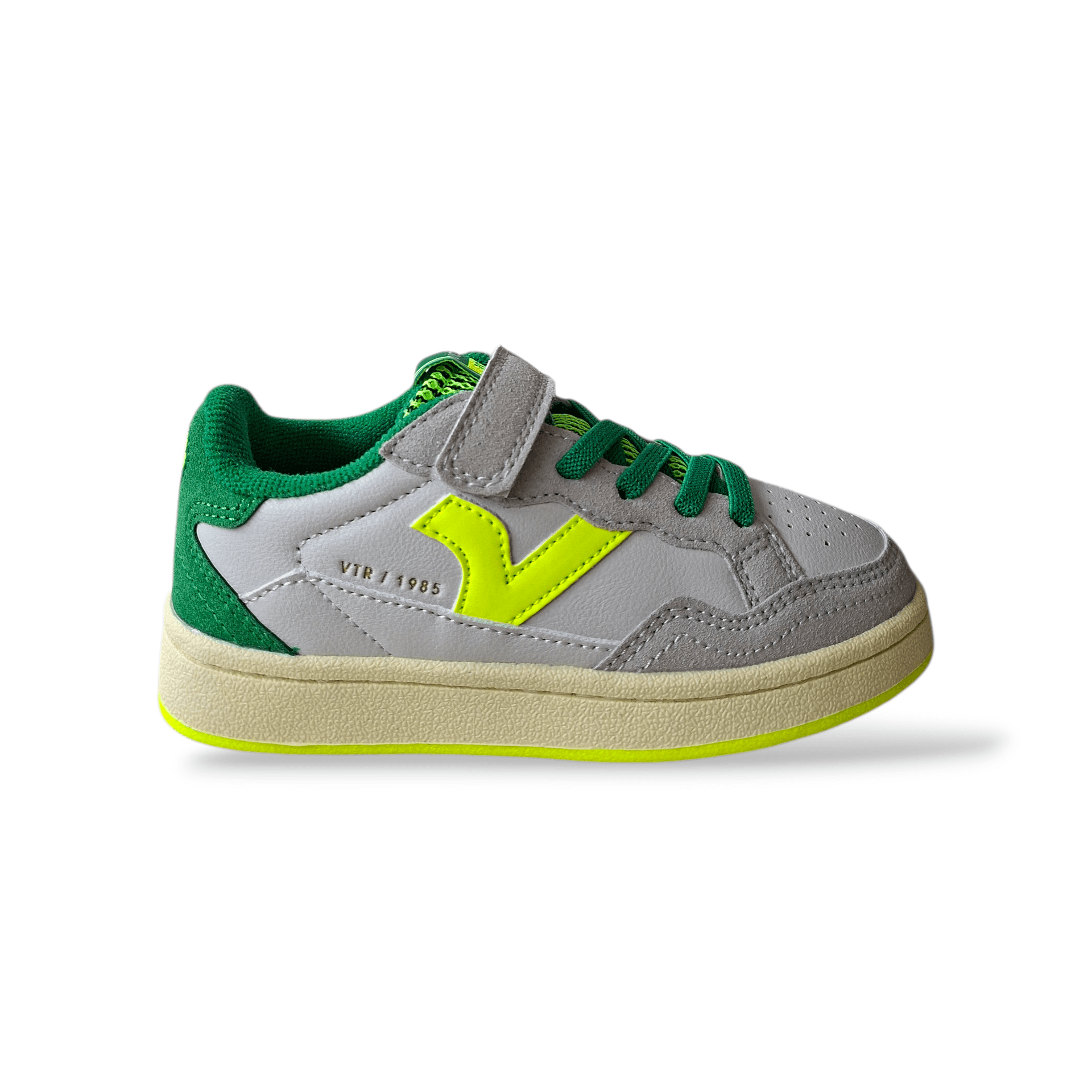 Victoria Smash Sneakers Bambino Bianco Pelle – Verde Grigio Giallo con Velcro | Taglie 28-35 - 6