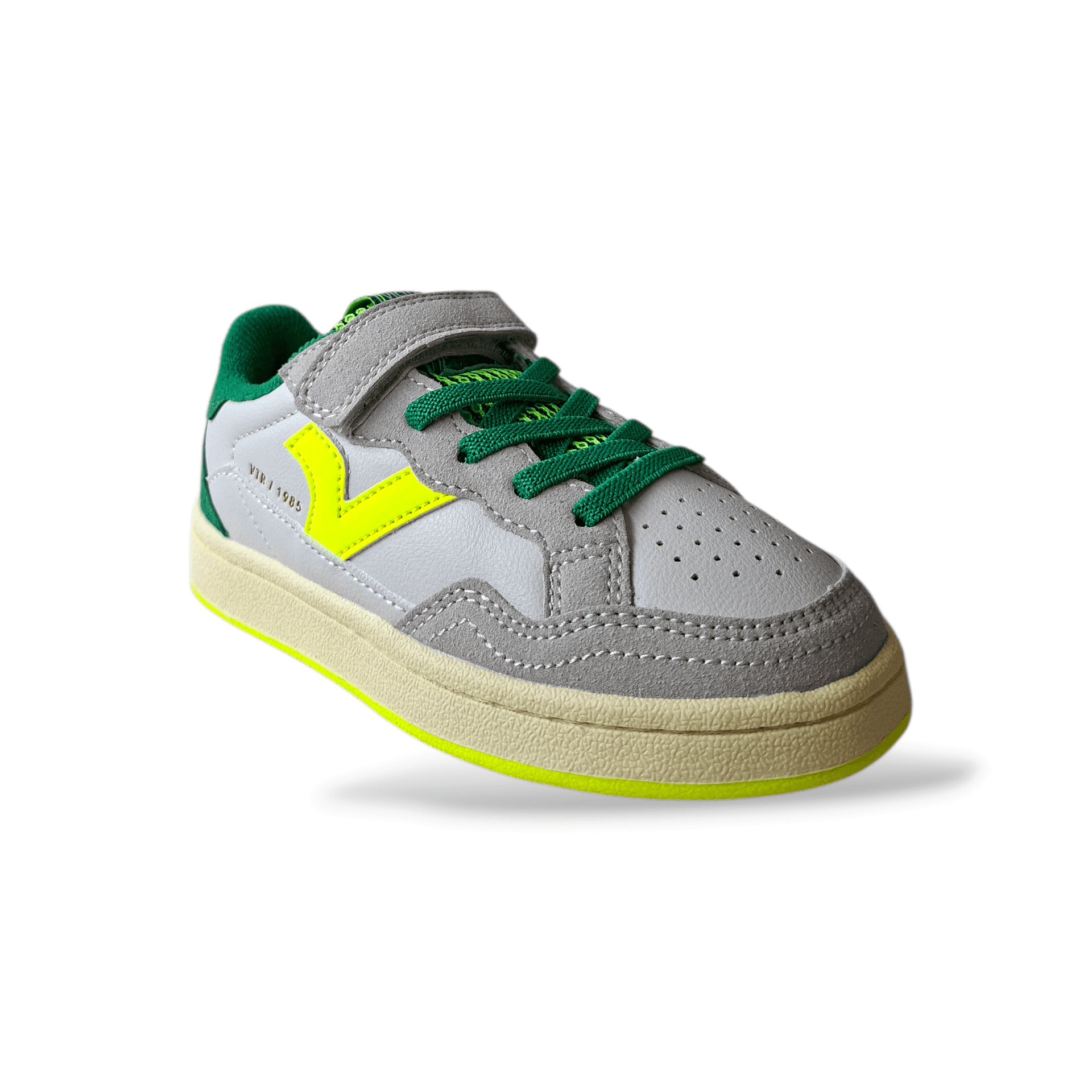 Victoria Smash Sneakers Bambino Bianco Pelle – Verde Grigio Giallo con Velcro | Taglie 28-35 - 2