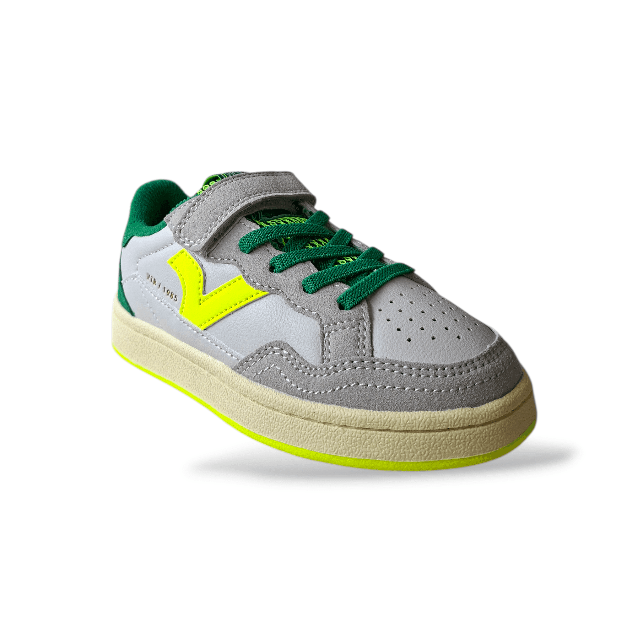Victoria Smash Sneakers Bambino Bianco Pelle – Verde Grigio Giallo con Velcro | Taglie 28-35 - 2