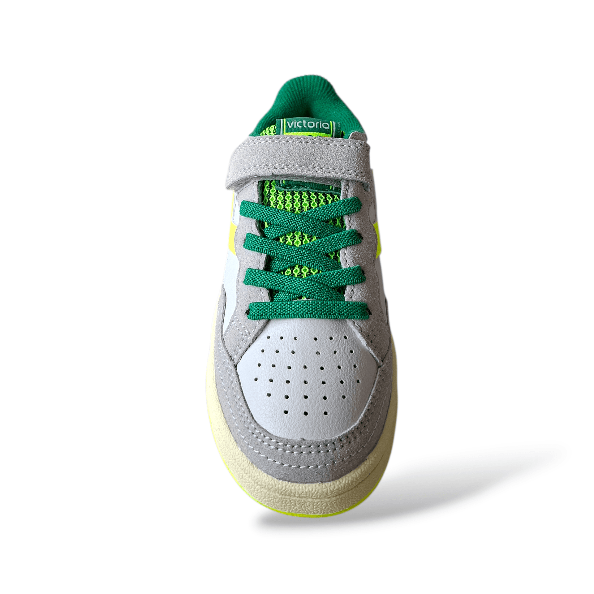 Victoria Smash Sneakers Bambino Bianco Pelle – Verde Grigio Giallo con Velcro | Taglie 28-35 - 4