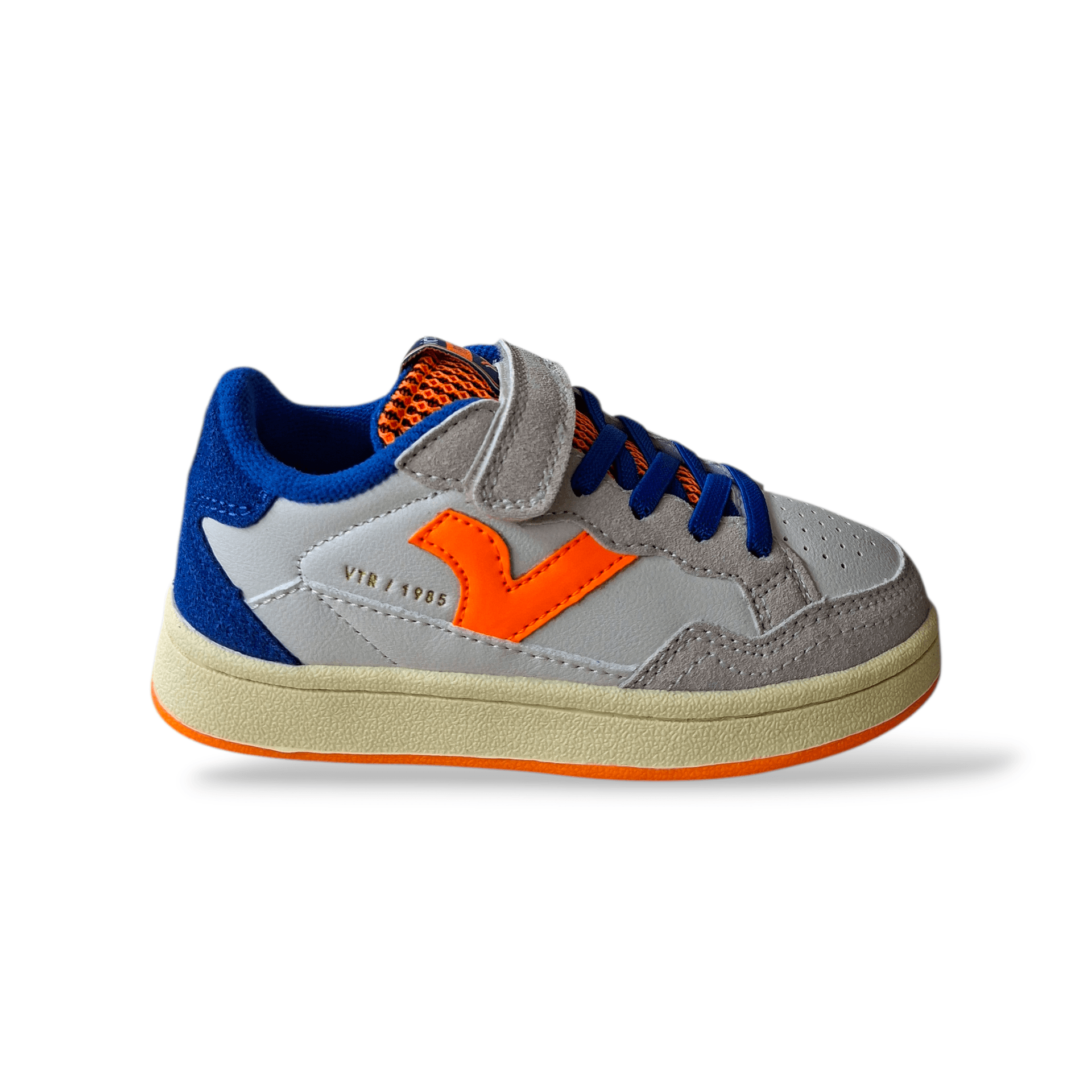 Victoria Smash Sneakers Bambino Bianco Pelle – Blu Grigio Arancione con Velcro | Taglie 28-35 - 6