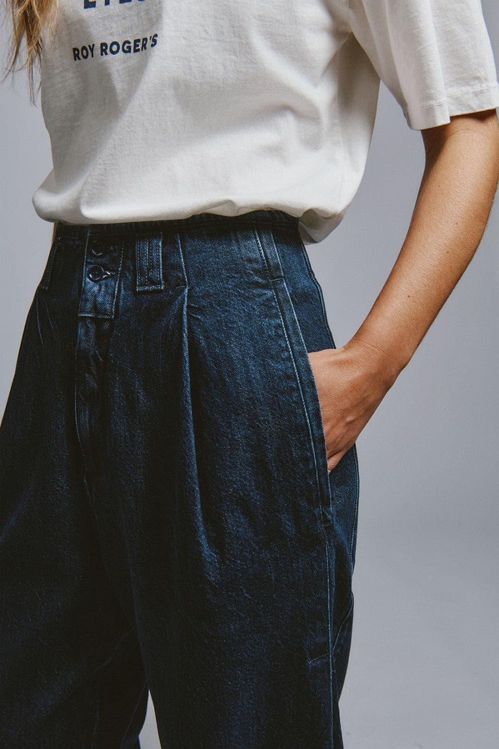 Roy Roger's x Eva Herzigova jeans donna wide fit denim blu mid stone vita media in cotone e lyocell - 3