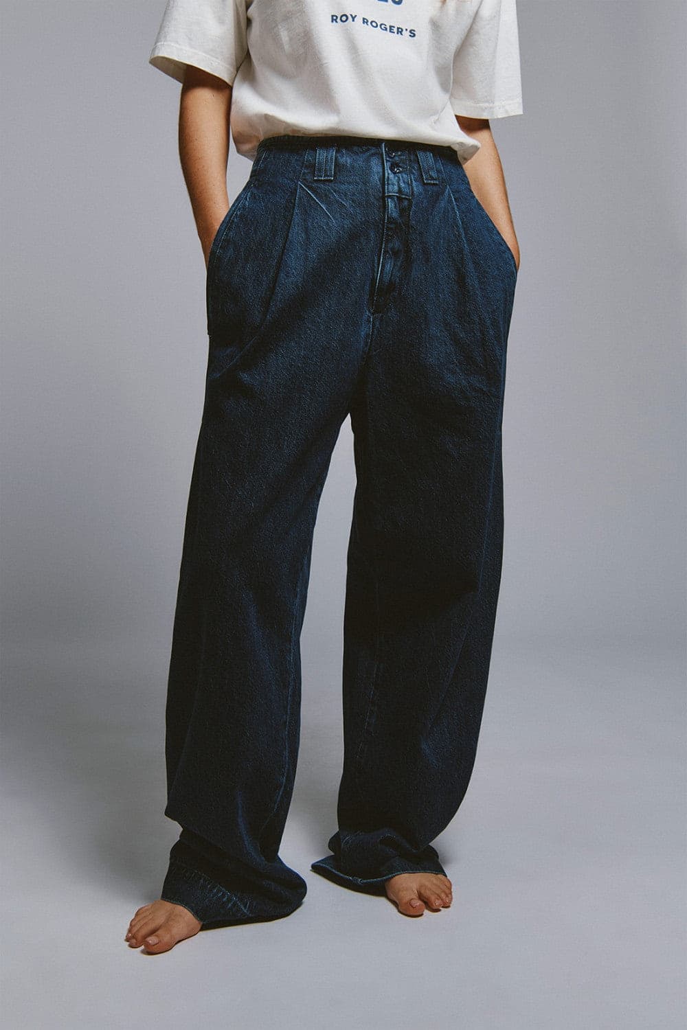 Roy Roger's x Eva Herzigova jeans donna wide fit denim blu mid stone vita media in cotone e lyocell - 4