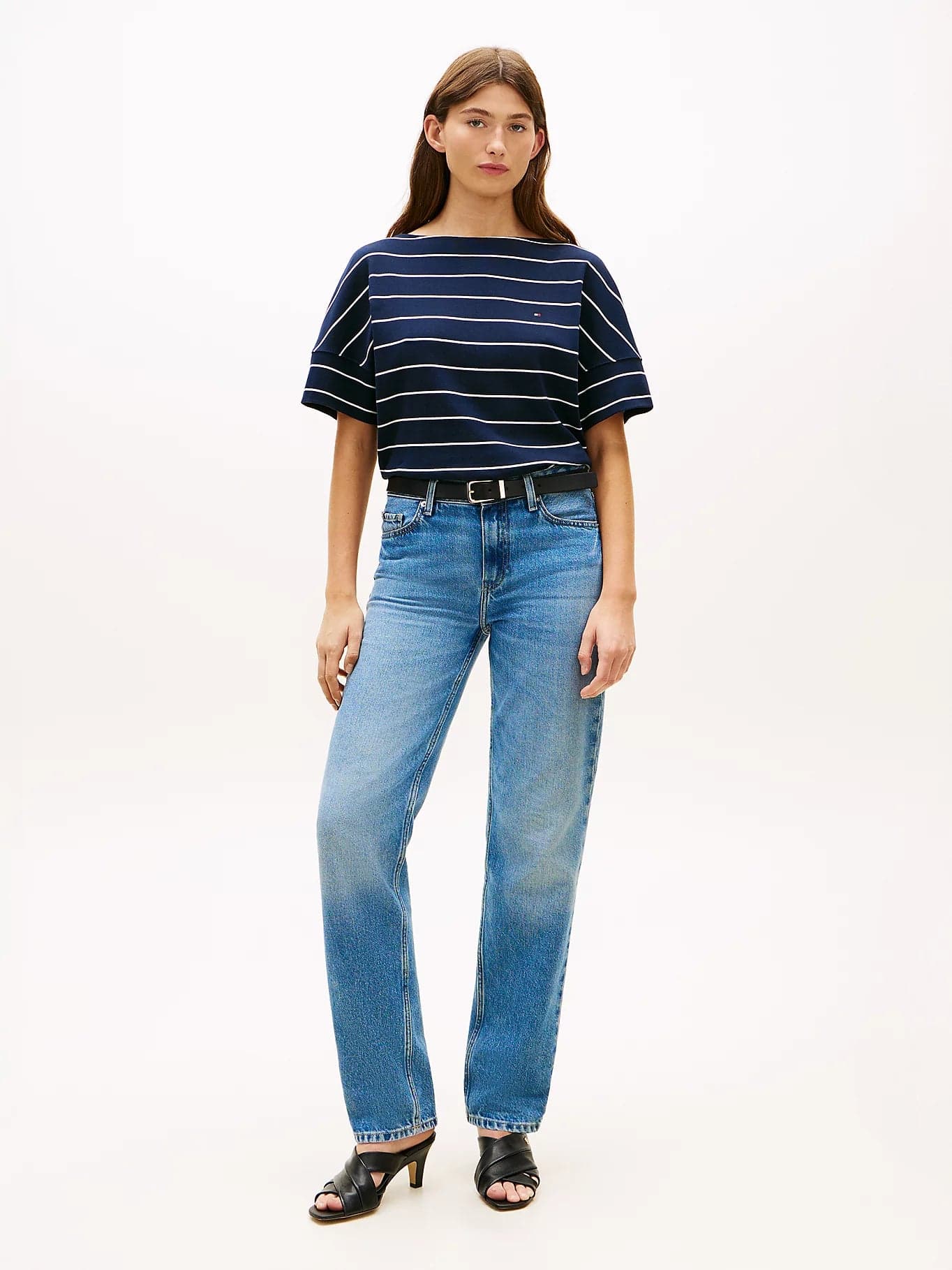 Tommy Hilfiger T-shirt donna a righe in cotone con scollo a barca relaxed fit in T-shirt Broadway Red - Barletta, commercioVirtuoso.it