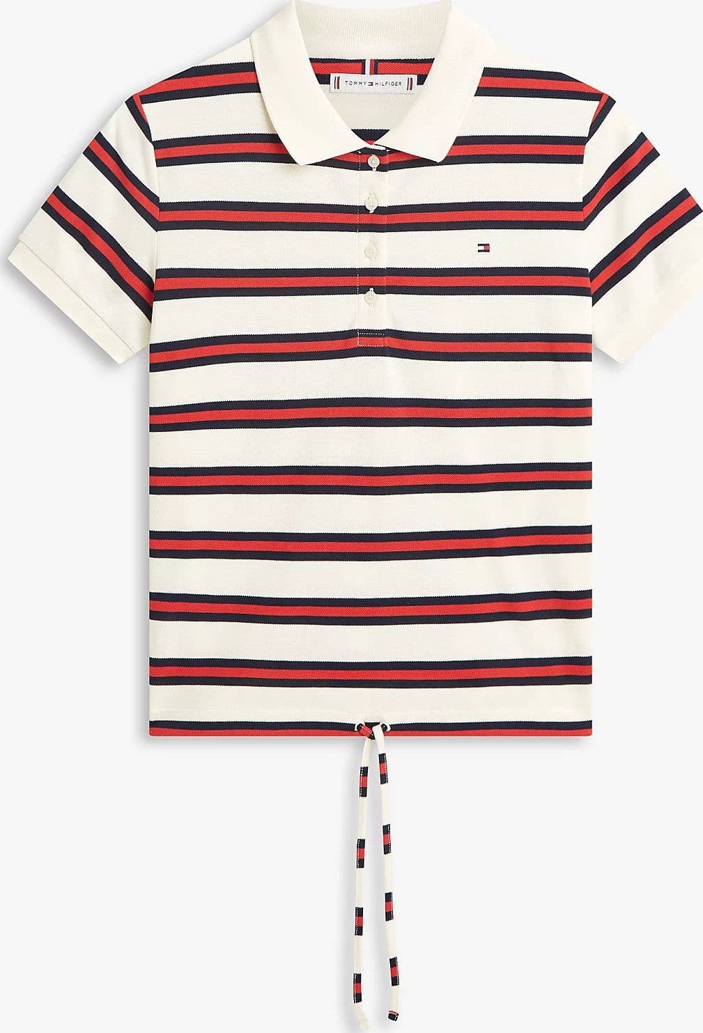Tommy Hilfiger polo donna a righe in piqué di cotone stretch con laccetti regular fit in Polo Broadway Red - Barletta, commercioVirtuoso.it