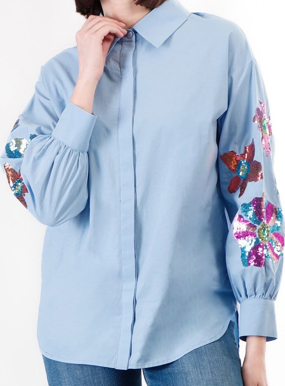 CAMICIA IN POPELINE CON RICAMO PAILETTES - 3