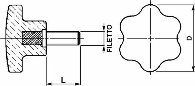 Volantino 6 lobi maschio Ø 70mm filetto M10 - 3