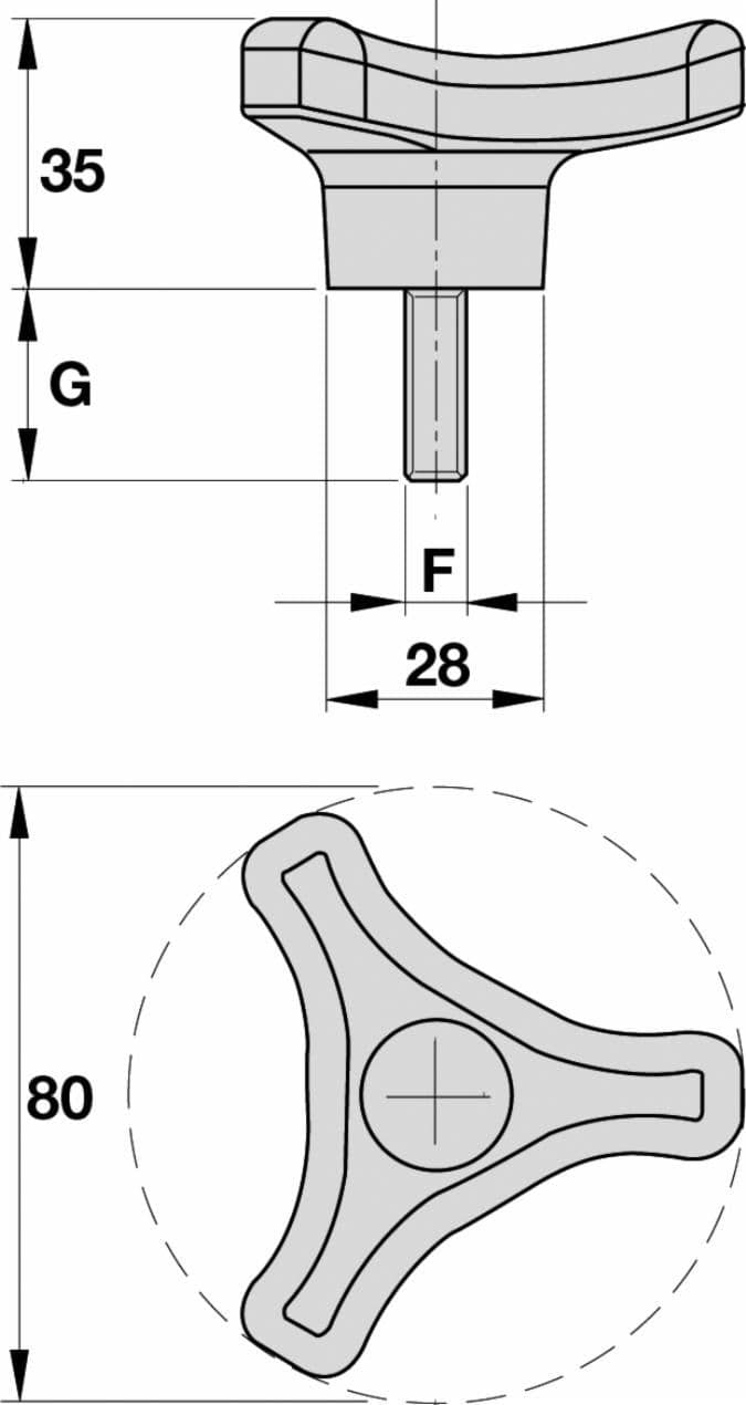 Volantino 3 bracci Ø 80mm con perno M12X30mm confezione da 5 pezzi - 2
