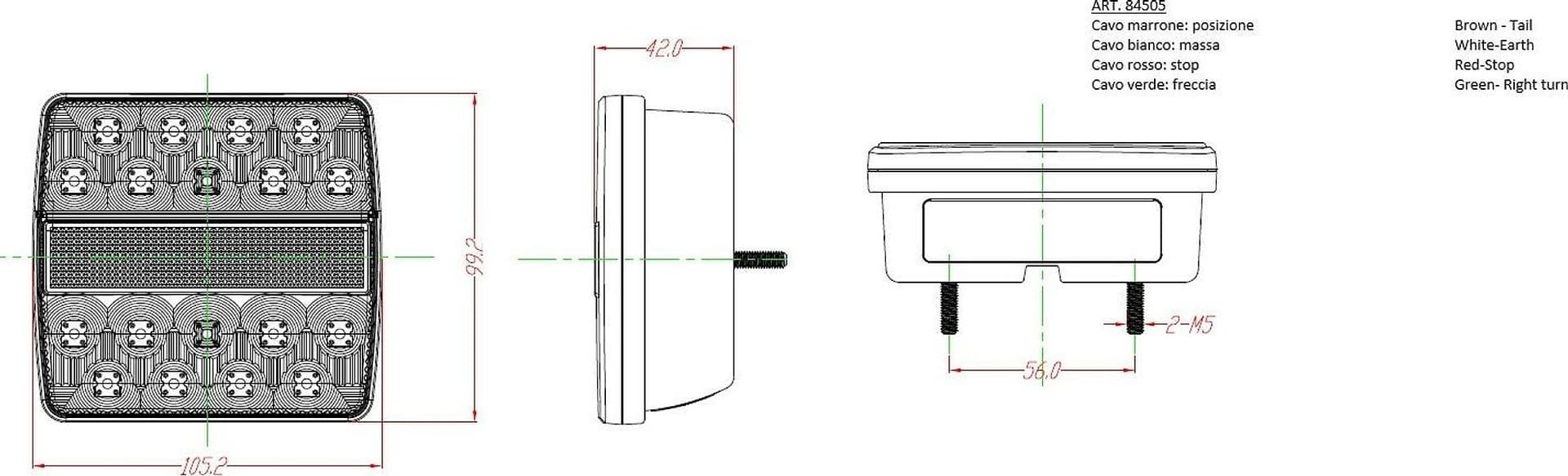 Fanale posteriore dx a LED 12V dimensioni 105,2x42x99,2mm