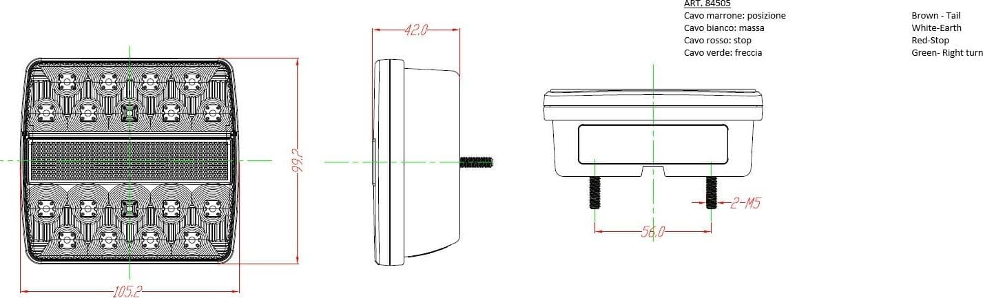 Fanale posteriore dx a LED 12V dimensioni 105,2x42x99,2mm