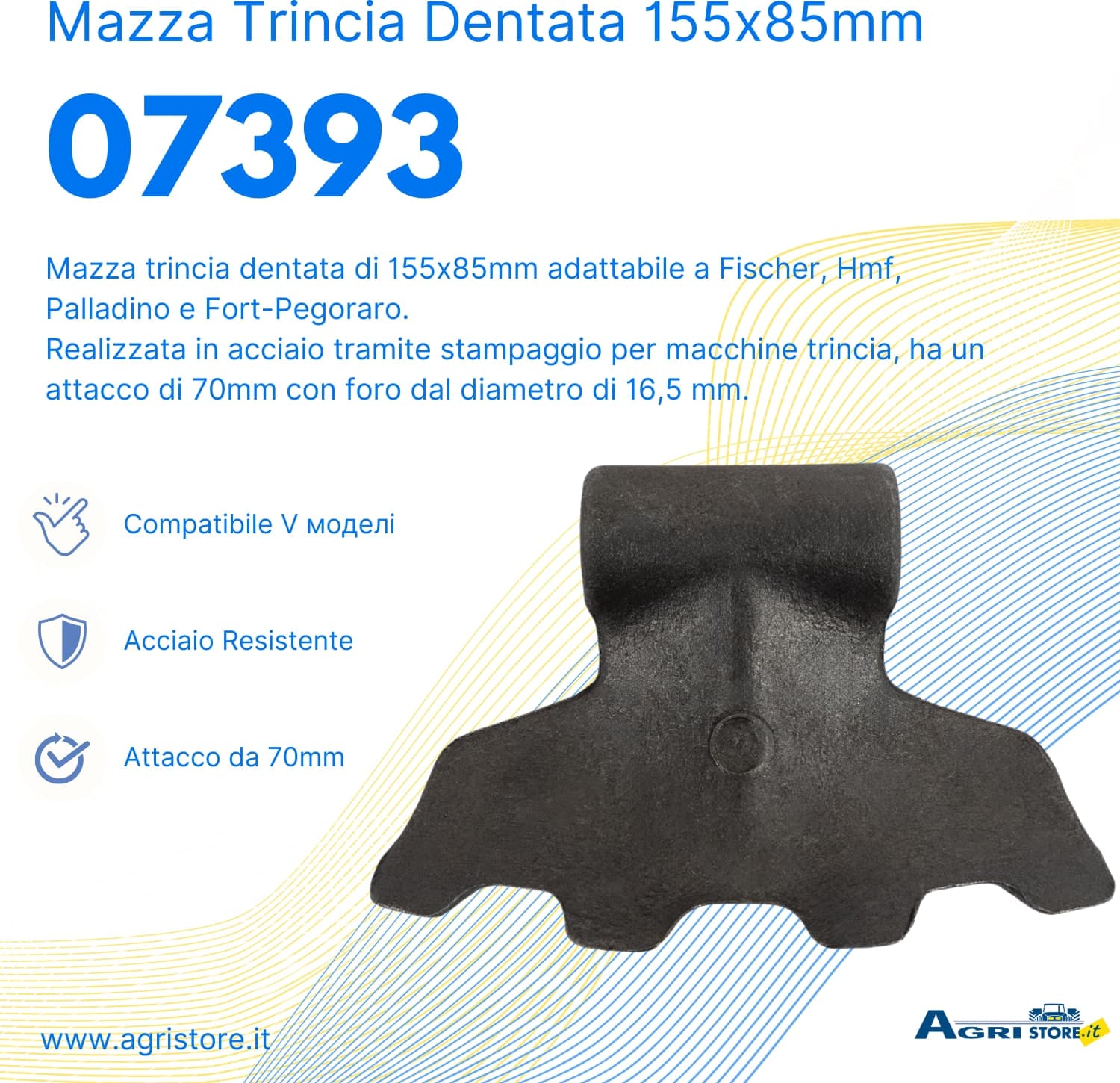 Mazza trincia dentata 155x85mm attacco 70mm e foro 16,5mm - 6