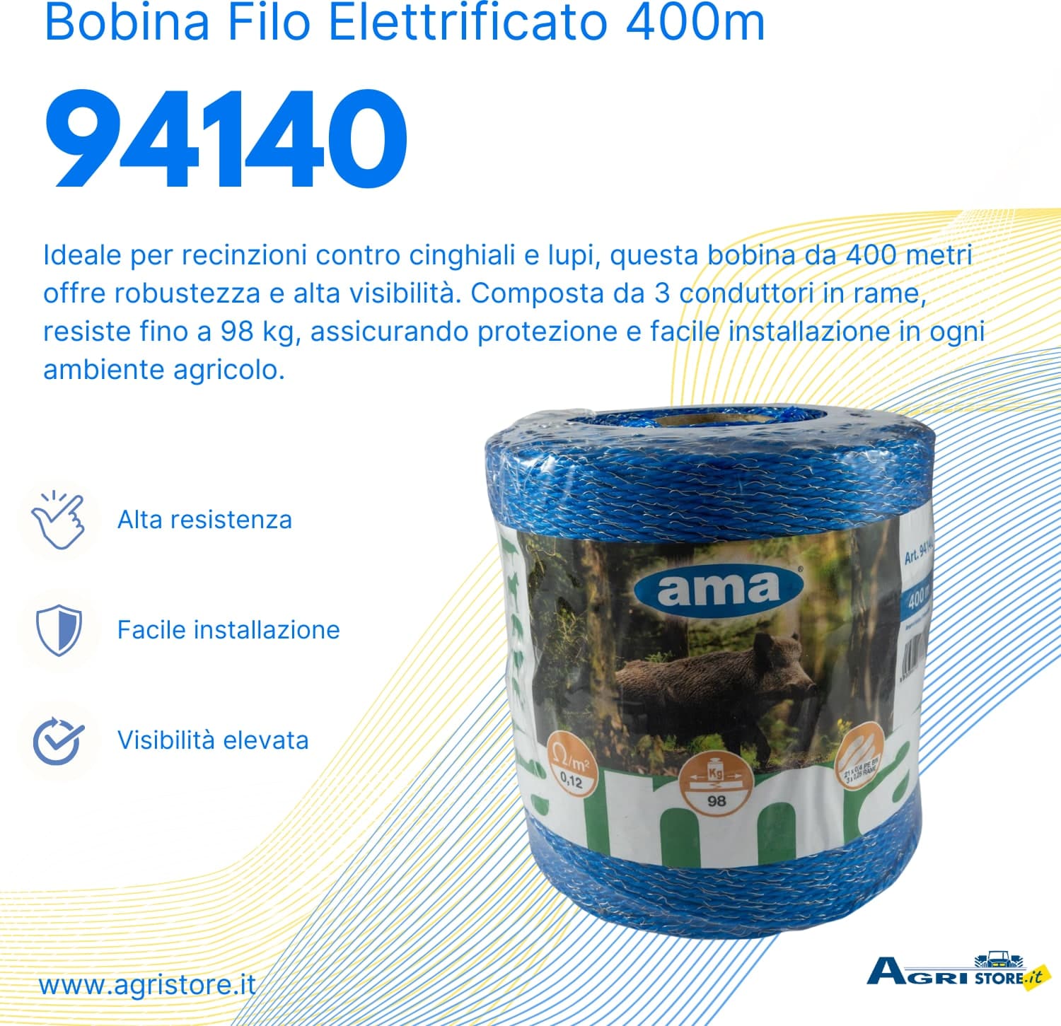 Bobina filo elettrificato per cinghiali Premium line 400m 3 conduttori - 6
