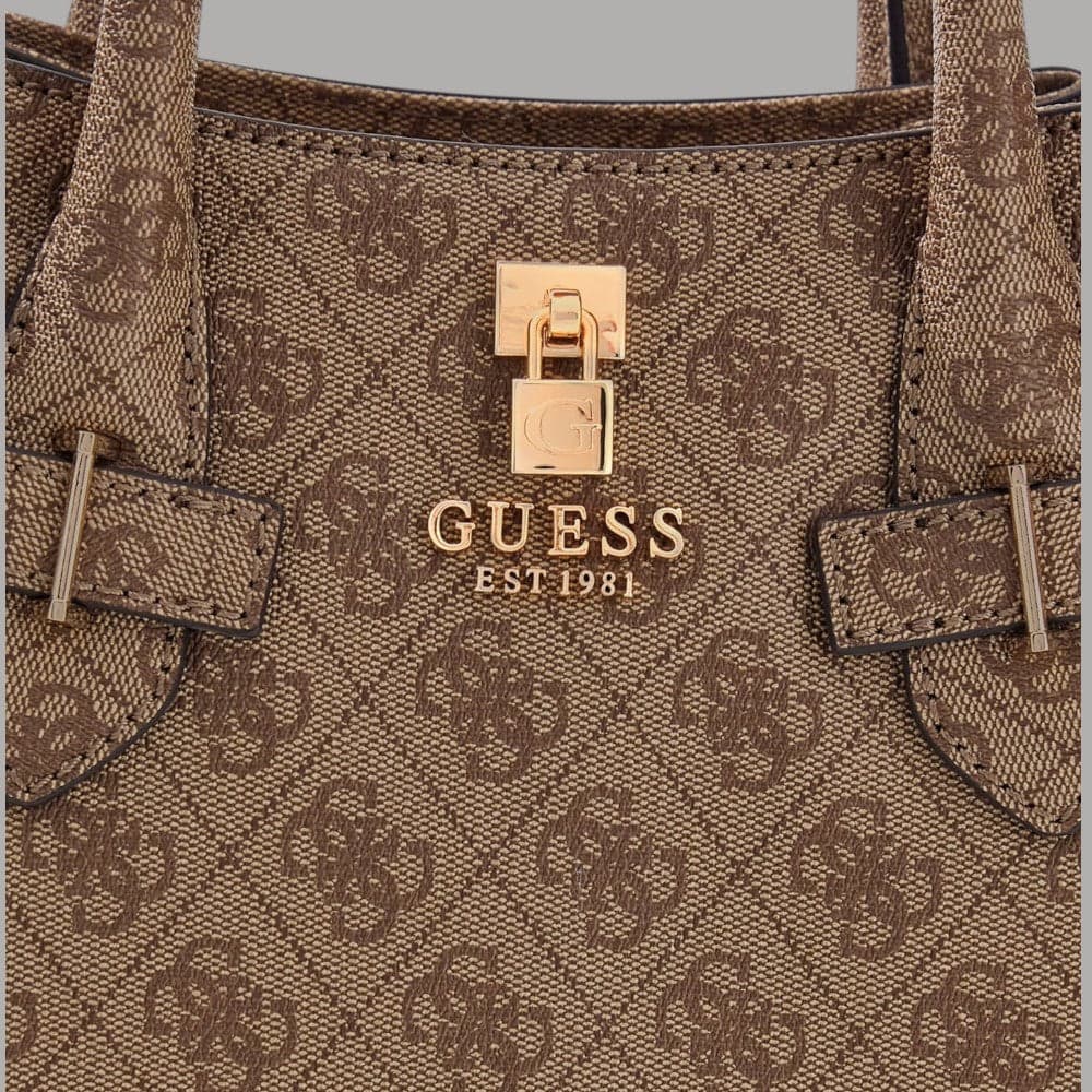 Guess borsa a mano Yesba similpelle morbida con tracolla e logo dorato beige - 6