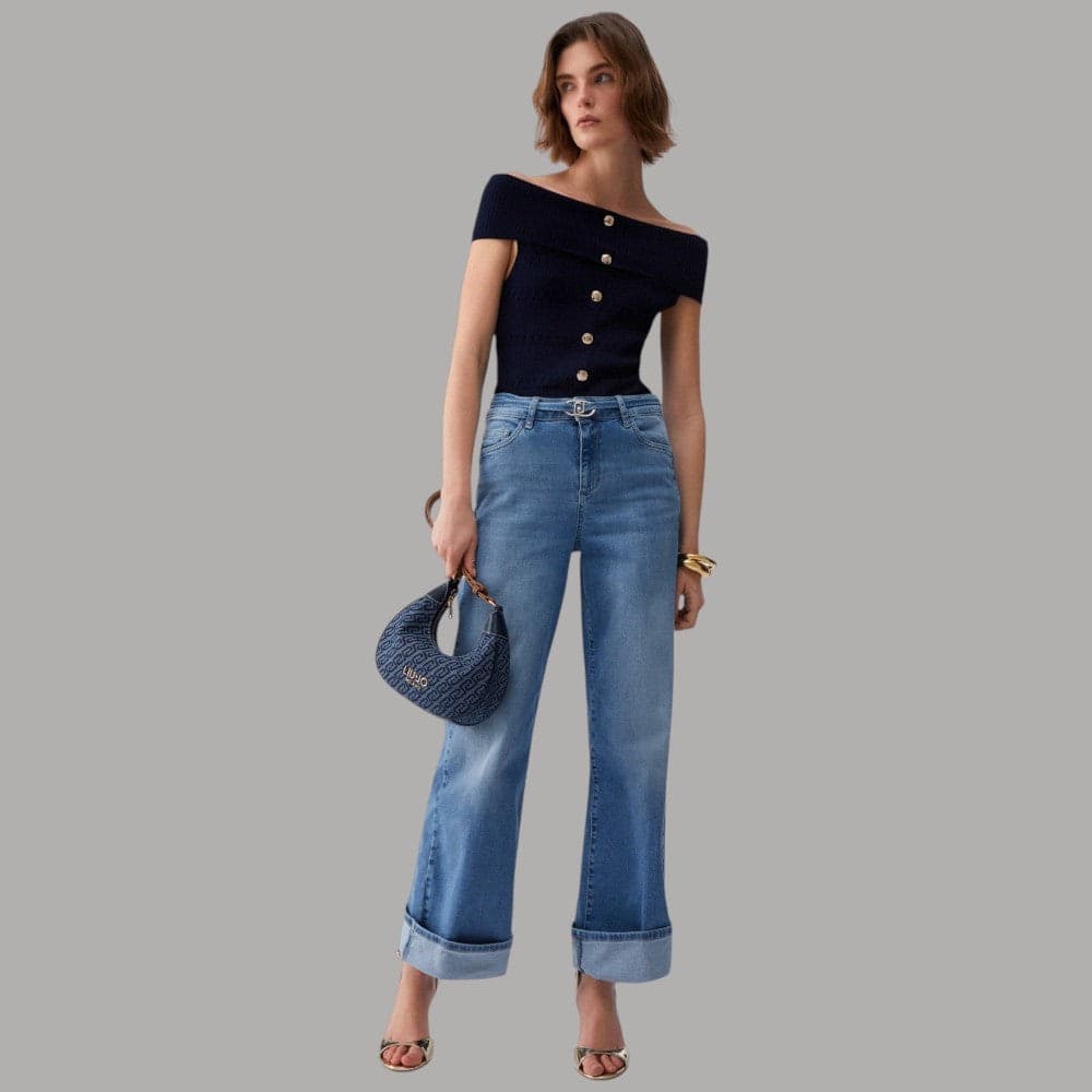 Liu Jo Jeans Flare Vita Alta con Cintura Logo Monogram in Jeans Prodotti di Classe - Nocera Superiore, commercioVirtuoso.it