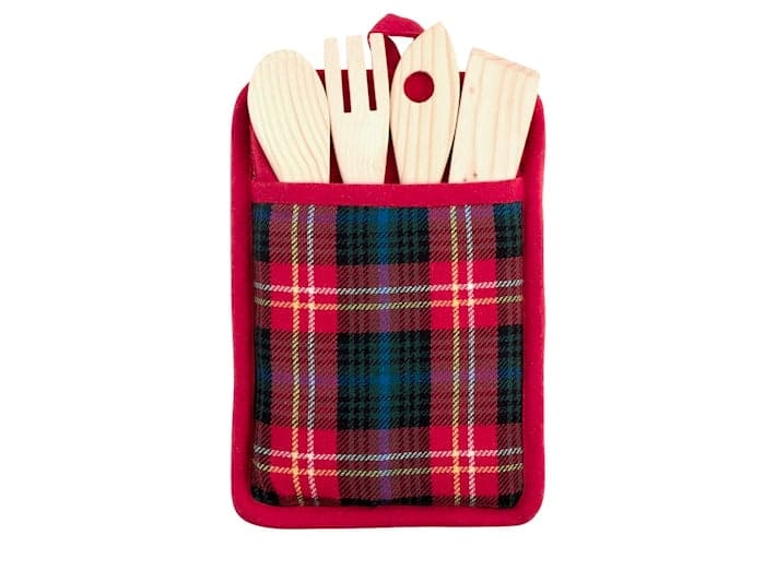Porta mestoli tartan in 50% cotone riciclato e 50% poliestere contenente 4 mestoli in legno e 1 strofinaccio cm 70x50H&H