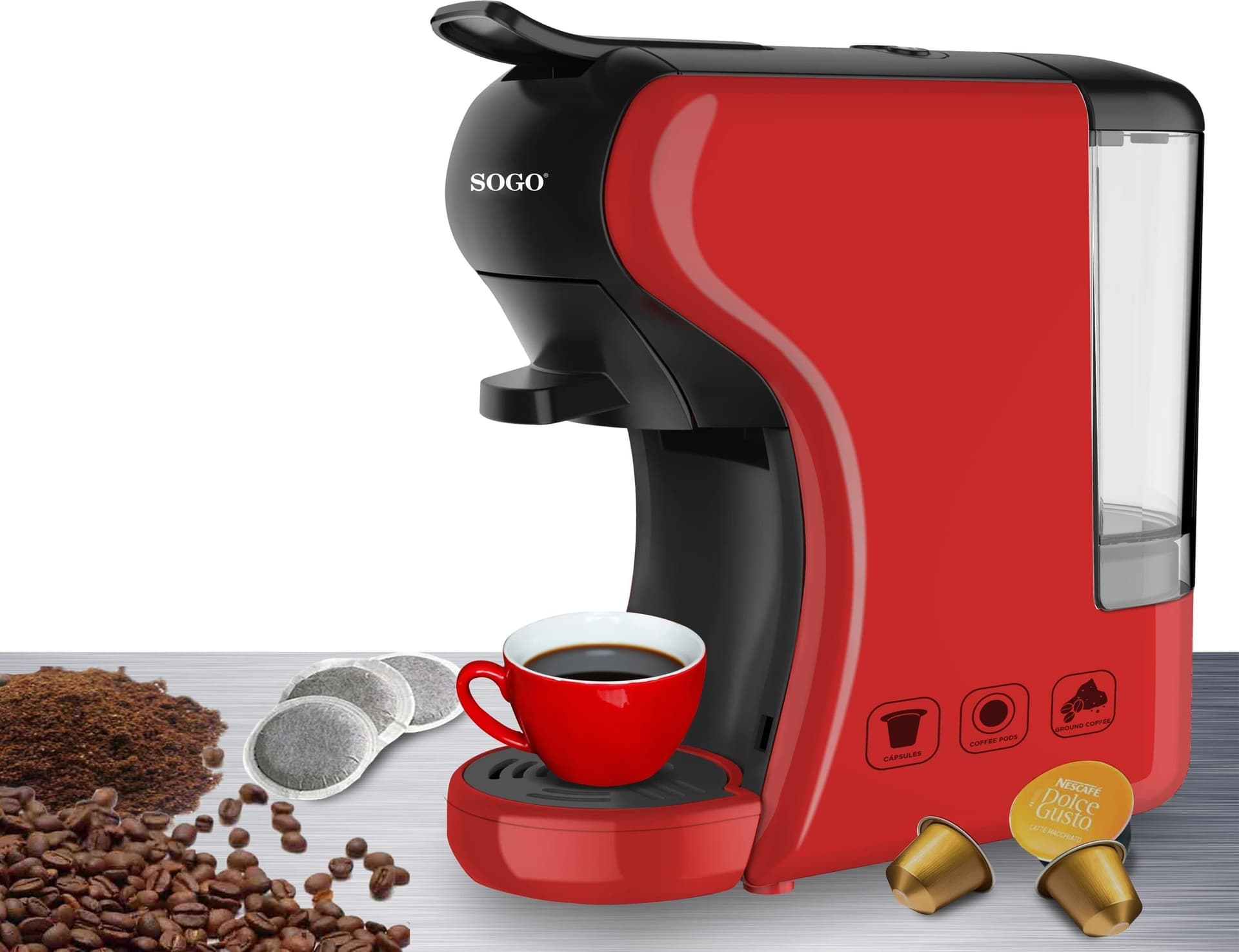 SOGO Macchina da caffè espresso 3-in-1 multi-capsule - 19 bar - 0,6l - 1450w - rosso