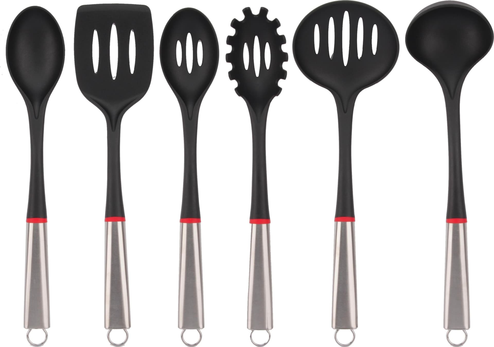 Set 6 Pezzi Mestolame Nylon con Manico in Acciaio Inox