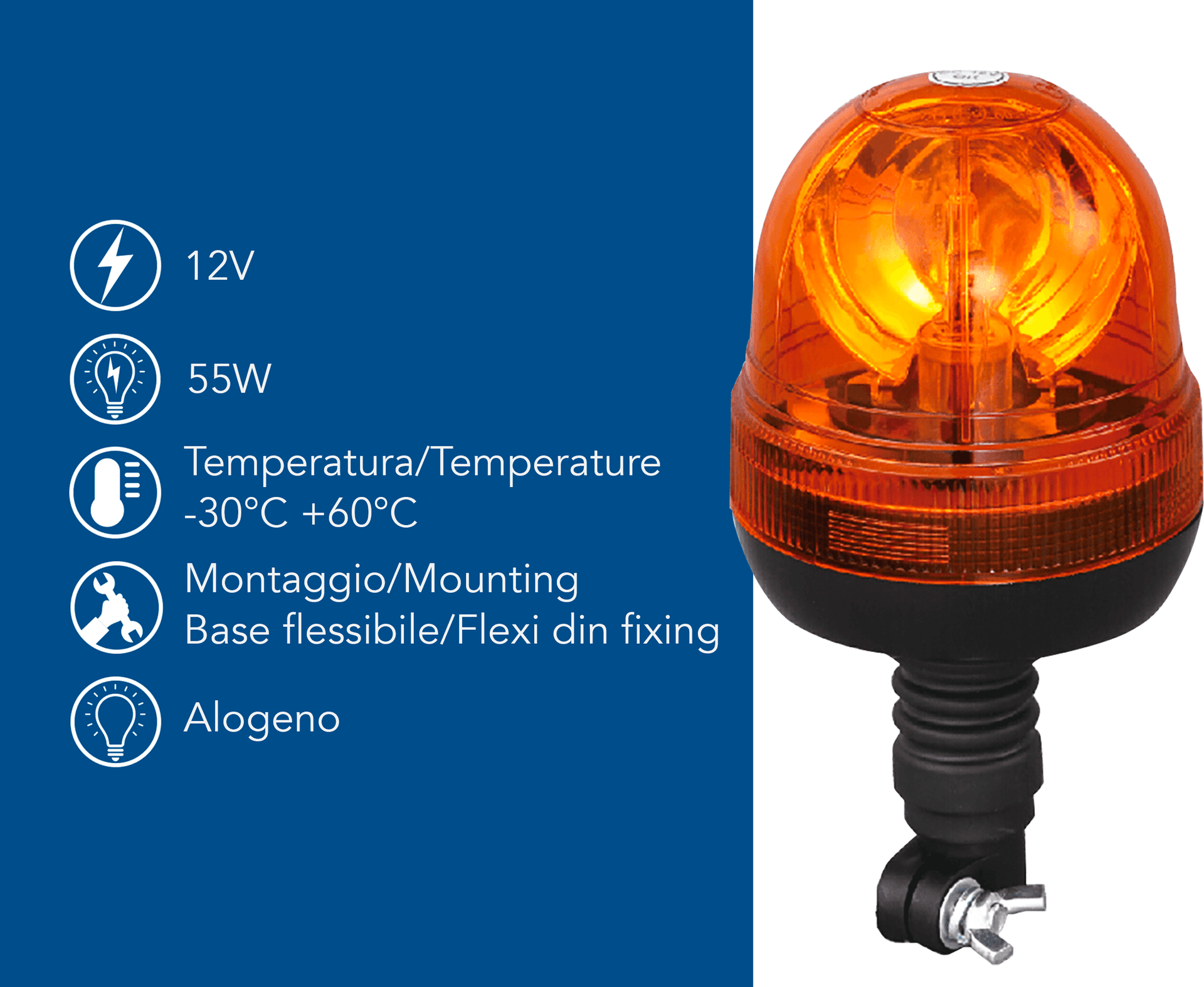 Lampeggiante alogeno per trattori base flessibile magnetica 12V 55W - 9
