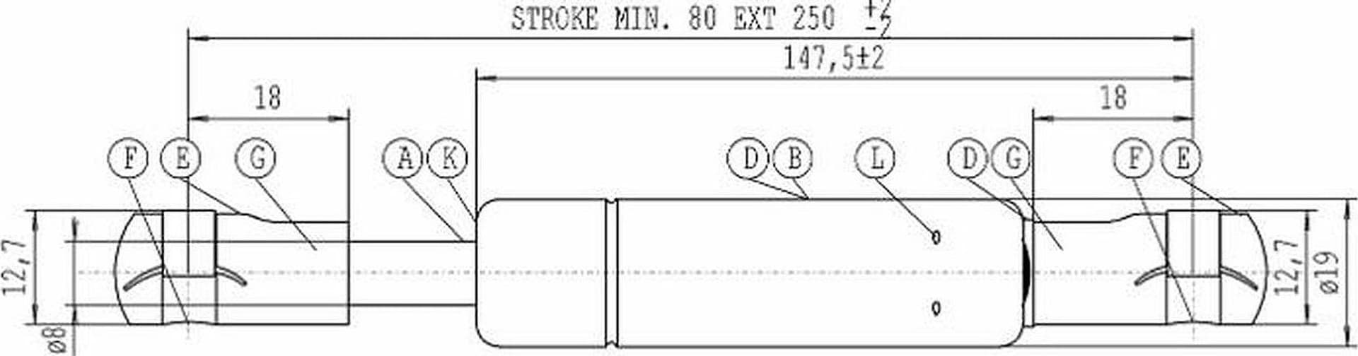 Molla a gas Stabilus estensione max 250mm 750 N adattabile al riferimento originale Deutz-Fahr M600 04429617/8 - 2