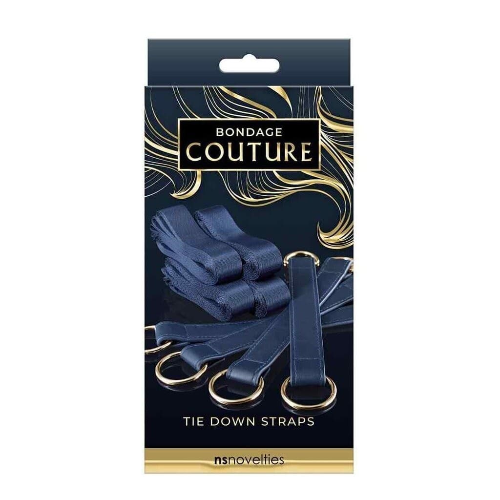 Bondage Couture The Down Straps set cinghie bondage letto regolabili blu oro in prodotto Erosdom - Palmi, commercioVirtuoso.it