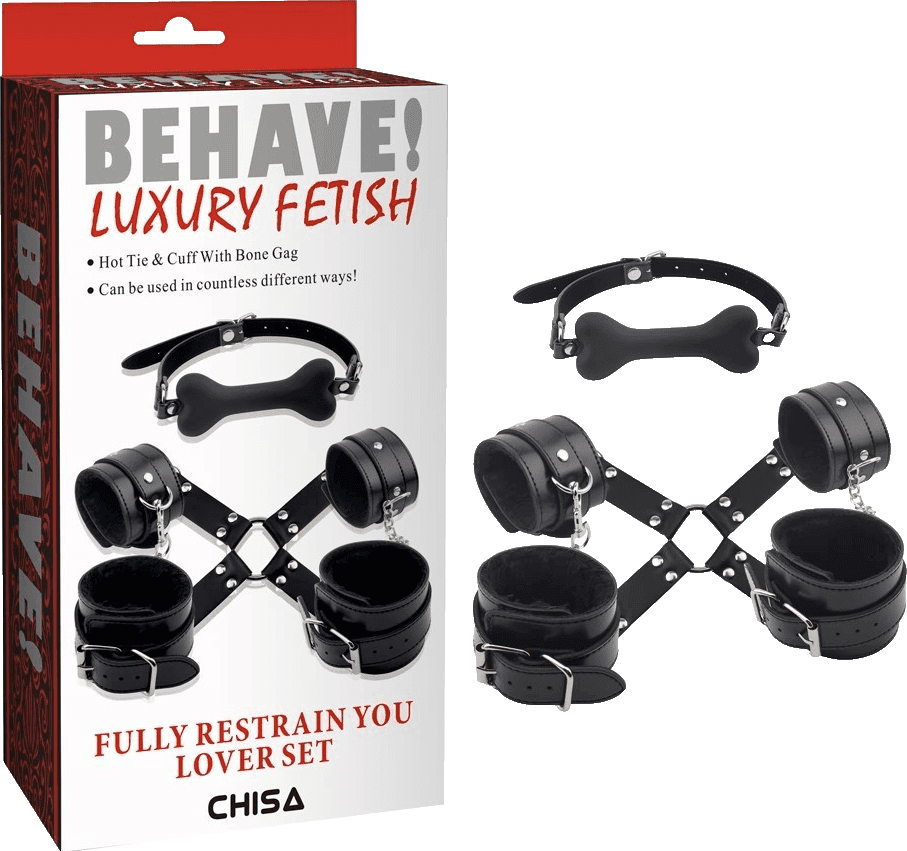 Luxury set manette cavigliere + morso doggy nere regolabili BDSM fetish bondage