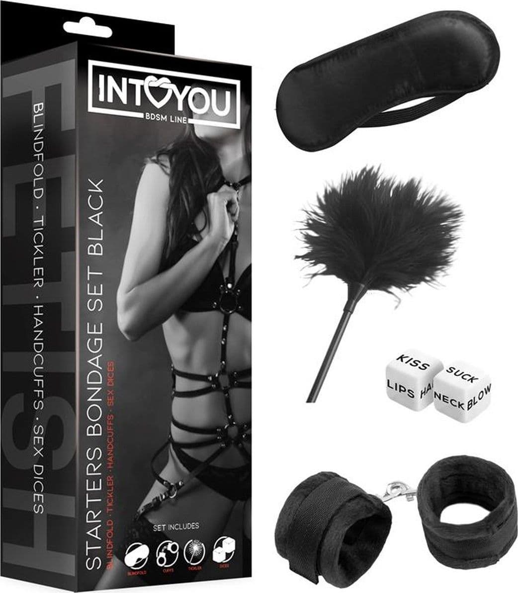 Set Bondage Nero Mashera manette piumino dadi fetish bondage BDSM kit - 9